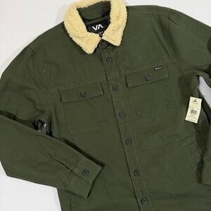 RVCA Mens Range Jacket Sherpa Lined Collar Olive Green Workwear Sz Small Cat NWT